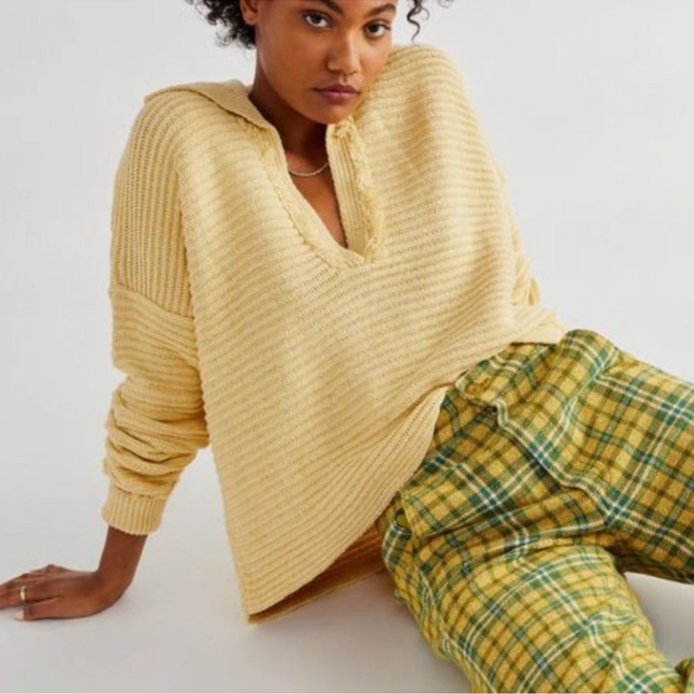 Free People Marlie Pullover Oversized V-Neck Sweater Yellow Size Small